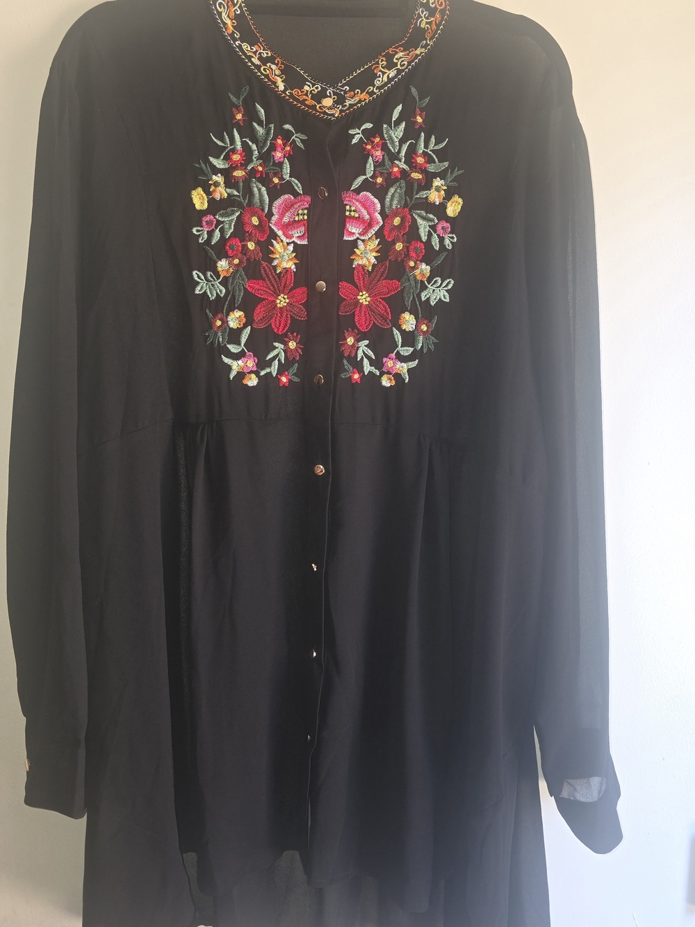 SHEIN Black Button-Front Tunic with Multicolor Floral Embroidery